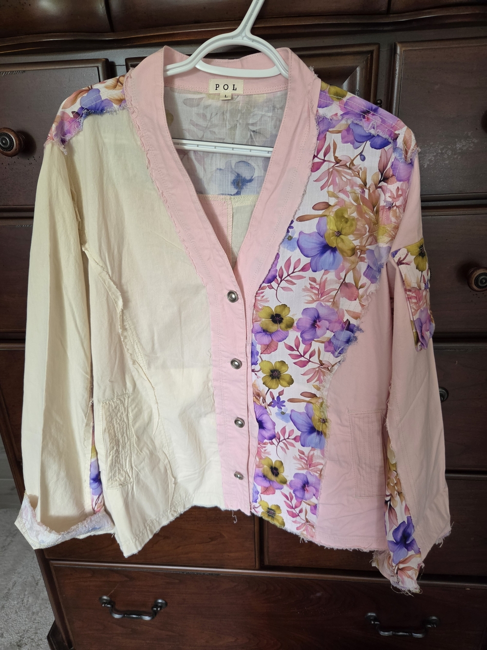 POL Floral Patchwork Button Jacket in Pink & Cream, Sz. L